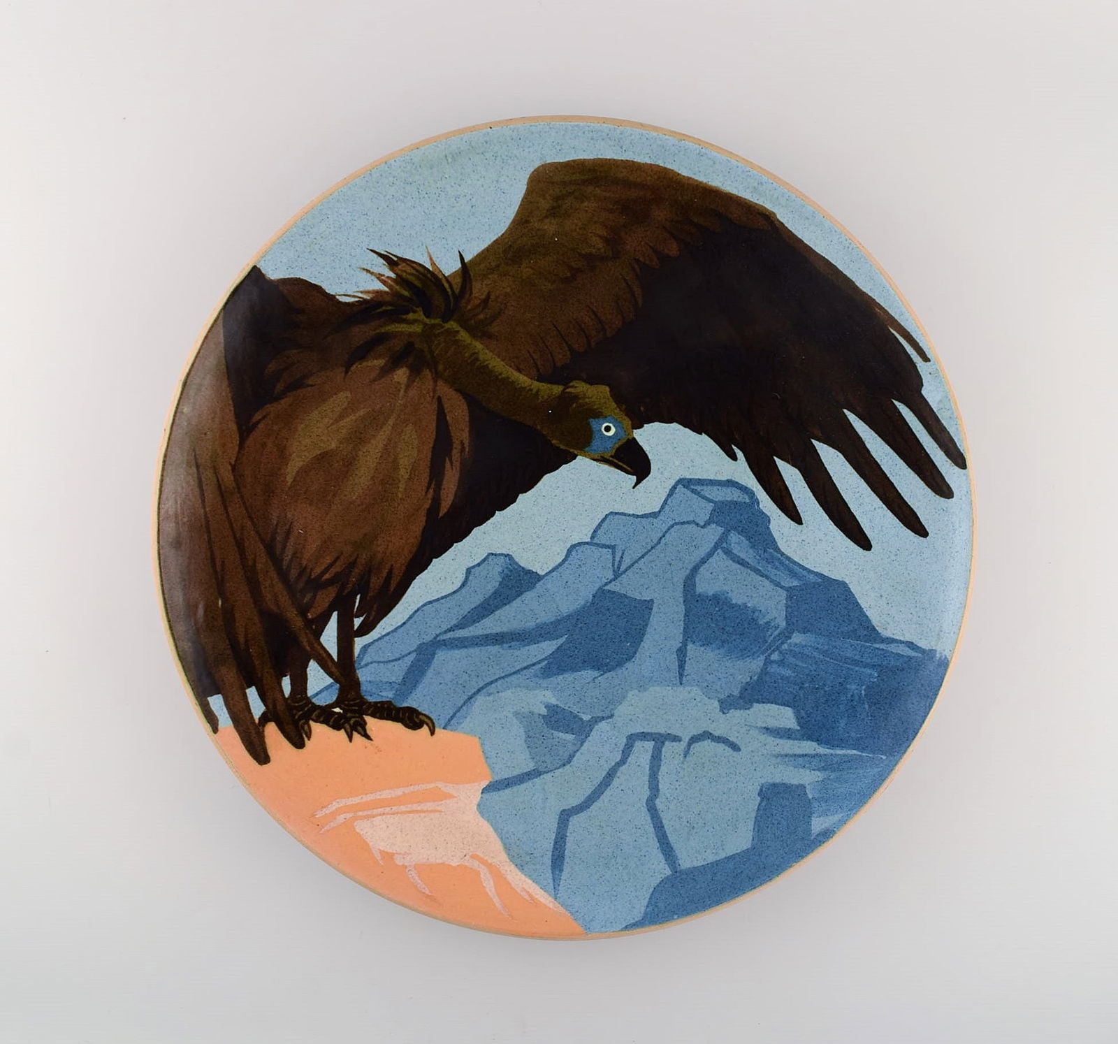 Karl Hansen Reistrup (1863-1929) for Kähler. Colossal unique dish in glazed ceramics. Vulture: Title: Karl Hansen Reistrup (1863-1929) for Kähler. Colossal unique dish in glazed ceramics. Vulture and mountain landscape. Museum quality. Approx. 1900. Description: Karl Hansen Reistrup