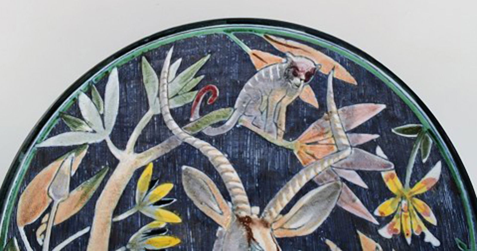 Tilgmans, Sweden. Large unique circular bowl / dish in glazed ceramics with antelope and monkey. - 2