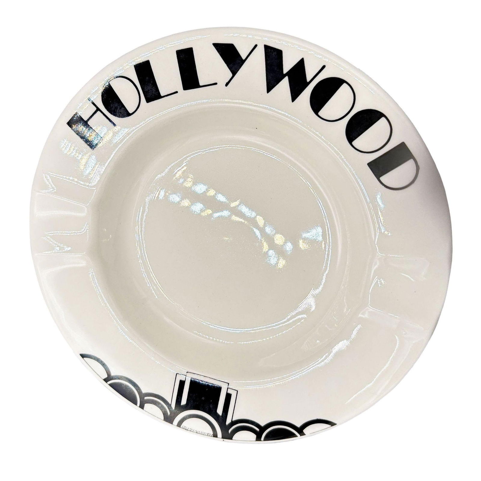 1977 Art Deco Style 8” Porcelain Hollywood Bowl Round Ashtray, Signed - 3