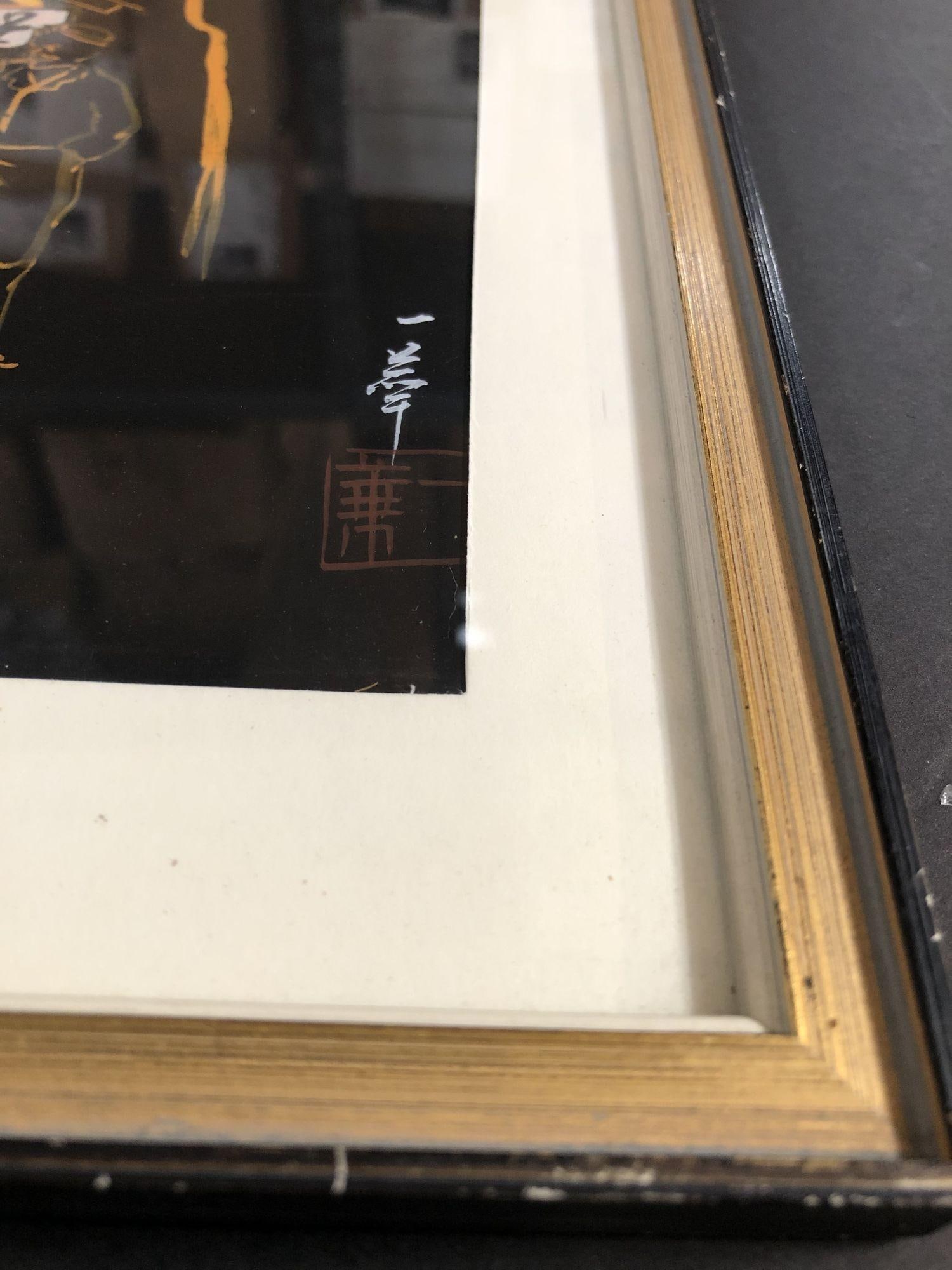 Mid Century Black and Gold Rickshaw Japanese Style Scenic Signed, Pair - 6