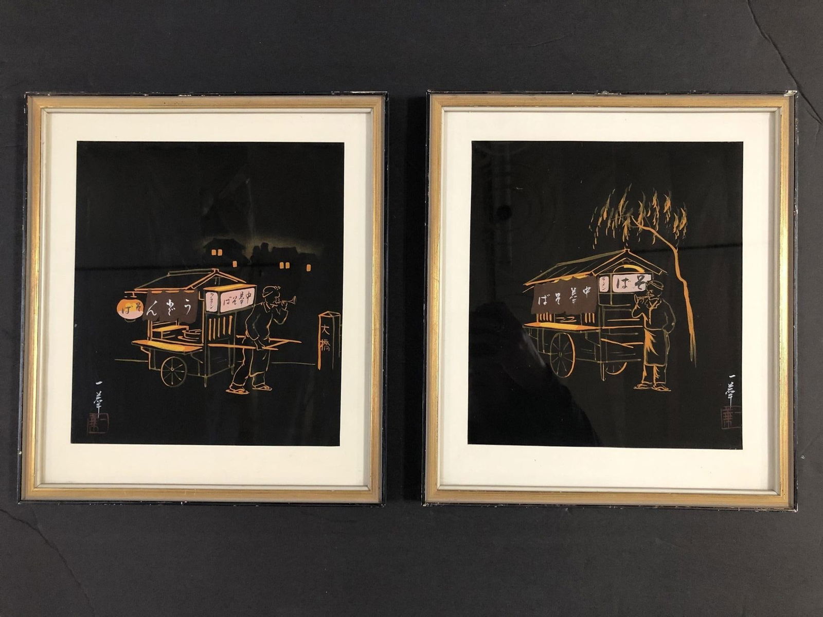 Mid Century Black and Gold Rickshaw Japanese Style Scenic Signed, Pair - 8