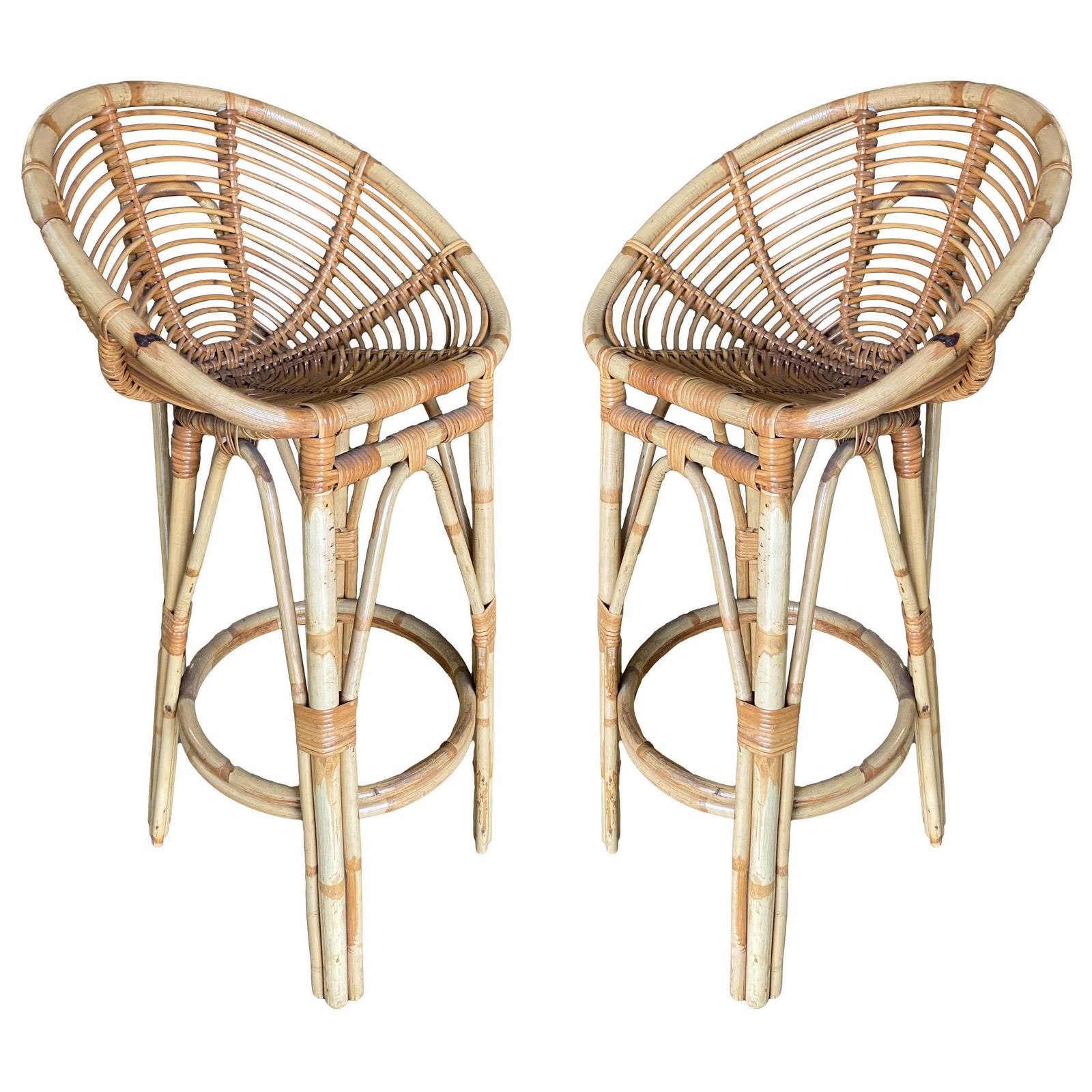 Restored Stick Rattan Bar Stools in the Manner of Albini, Pair: Title: Restored Stick Rattan Bar Stools in the Manner of Albini, Pair Description: Restored pair of stick rattan bar stools in the manner of Albini featuring a spiraling stick rattan seat with pole