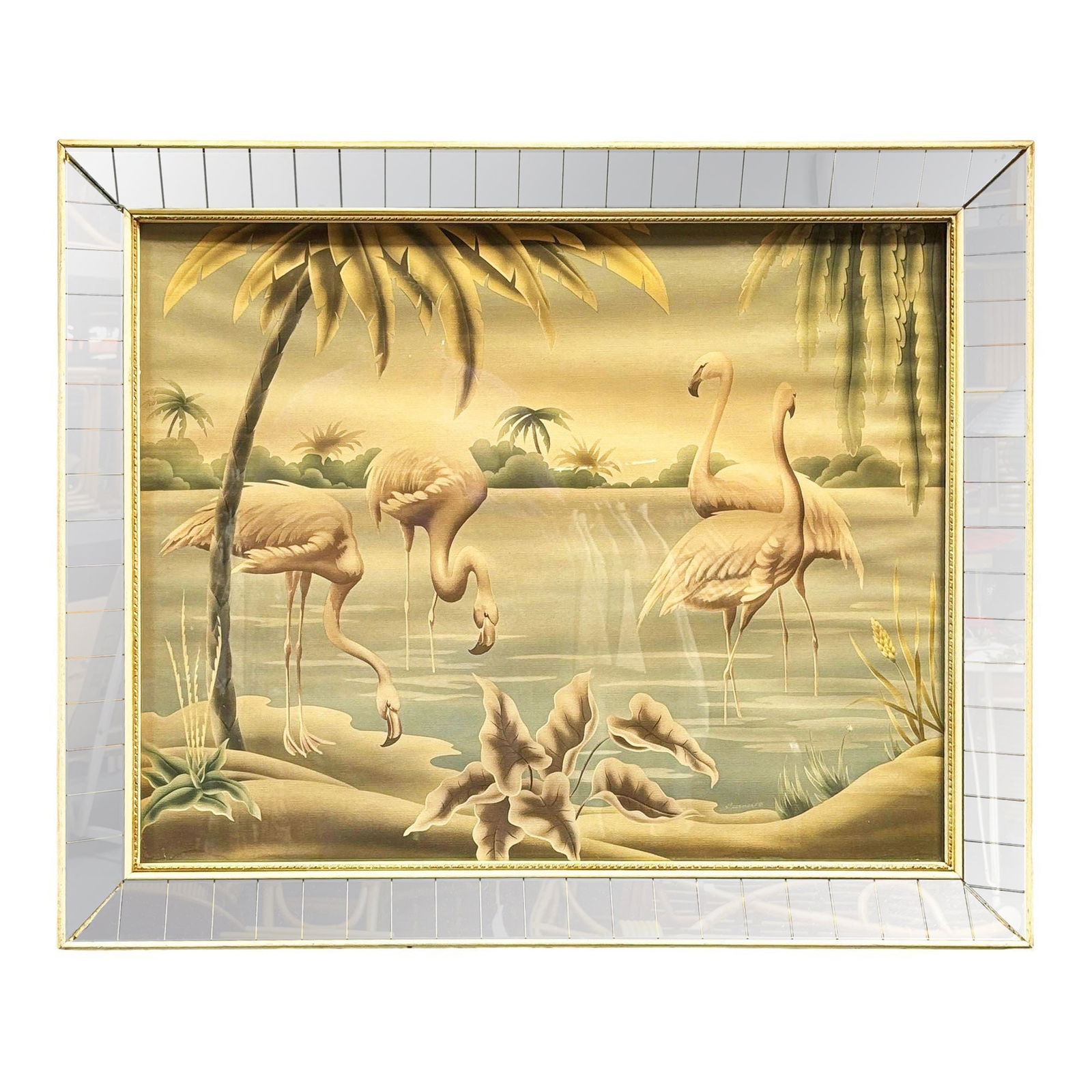Mid Century White Flamingo Lithograph Print by Turner in Mirror Frame: Title: Mid Century White Flamingo Lithograph Print by Turner in Mirror Frame Description: This Mid-Century Flamingo lithograph print features vibrant flamingos set against a soft, pastel backdrop,