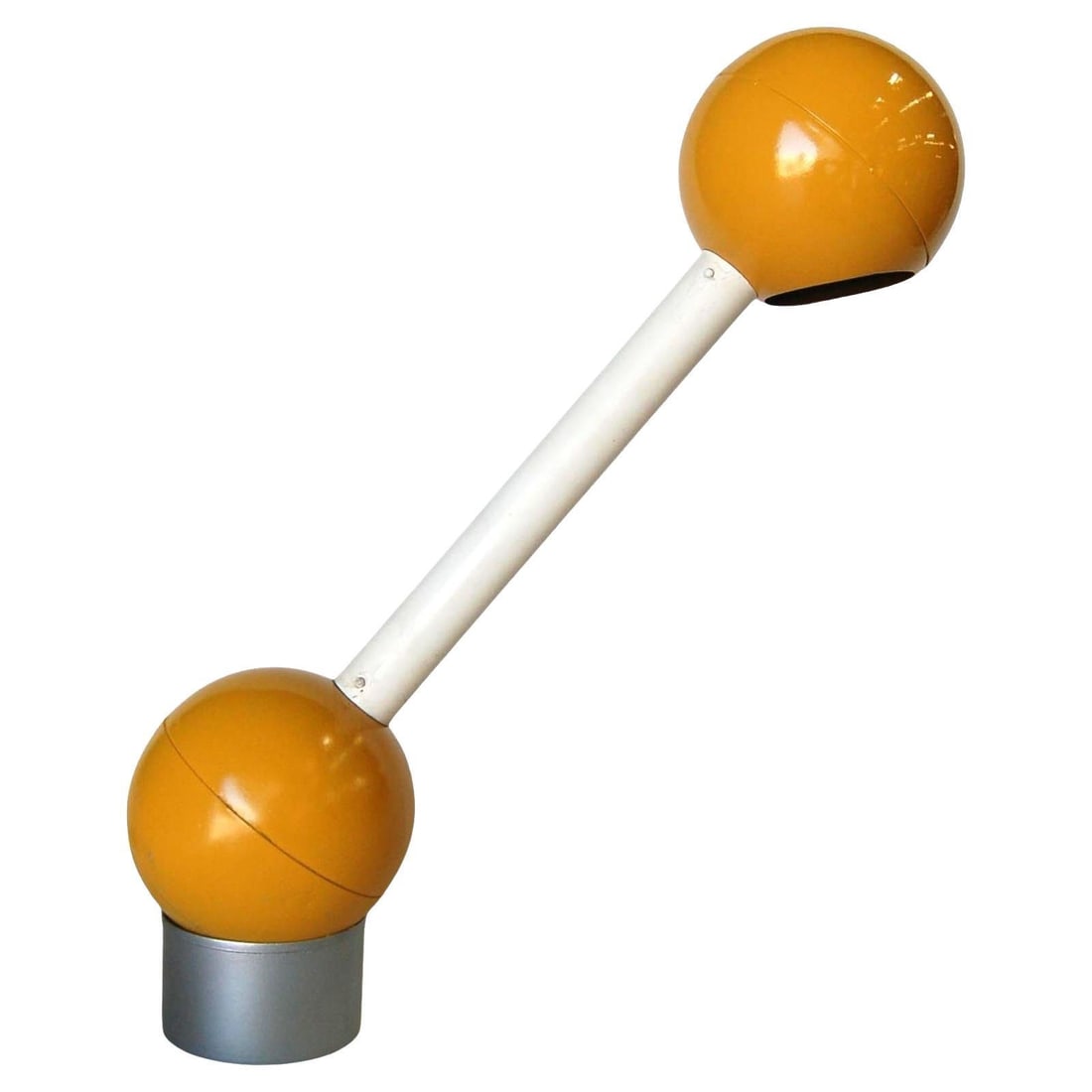Yellow Double Ball Barbell Desk Table Lamp by George Kovacs: Title: Yellow Double Ball Barbell Desk Table Lamp by George Kovacs Description: Modernist yellow and white metal adjustable barbell desk lamp by George Kovacs. Measures 22" high x 5" wide x 5".