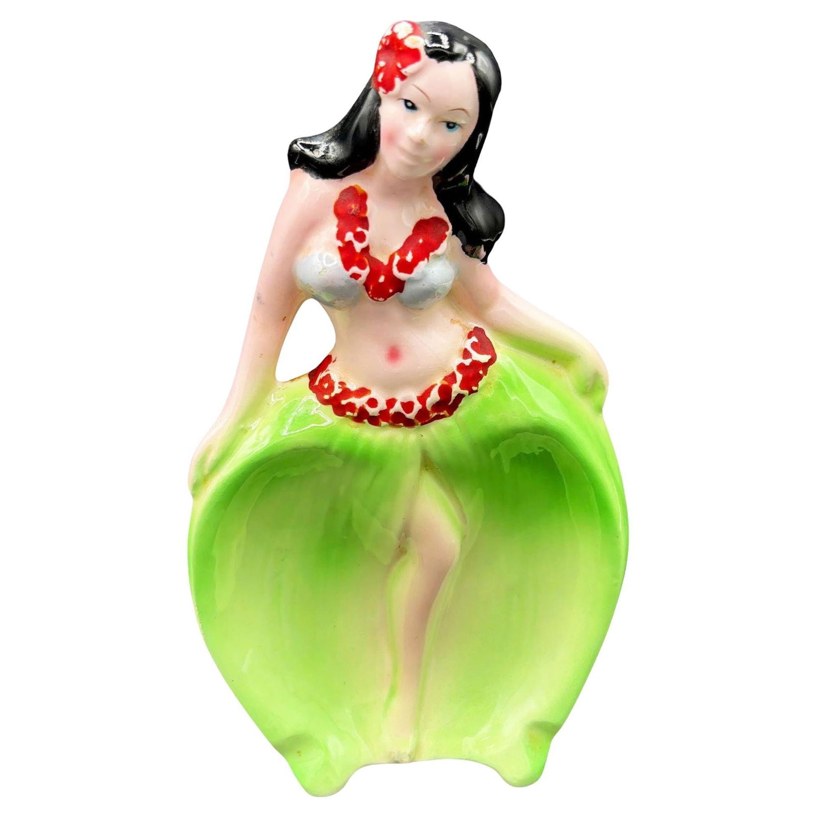 Rare 1955 Hawaiian Hula Girl in ghrass skirt Ceramic Ashtray: Title: Rare 1955 Hawaiian Hula Girl in ghrass skirt Ceramic Ashtray Description: 1955 Mid-century Era pink and green hula girl ceramic ashtray. The ashtray features a beautifully detailed pink hula