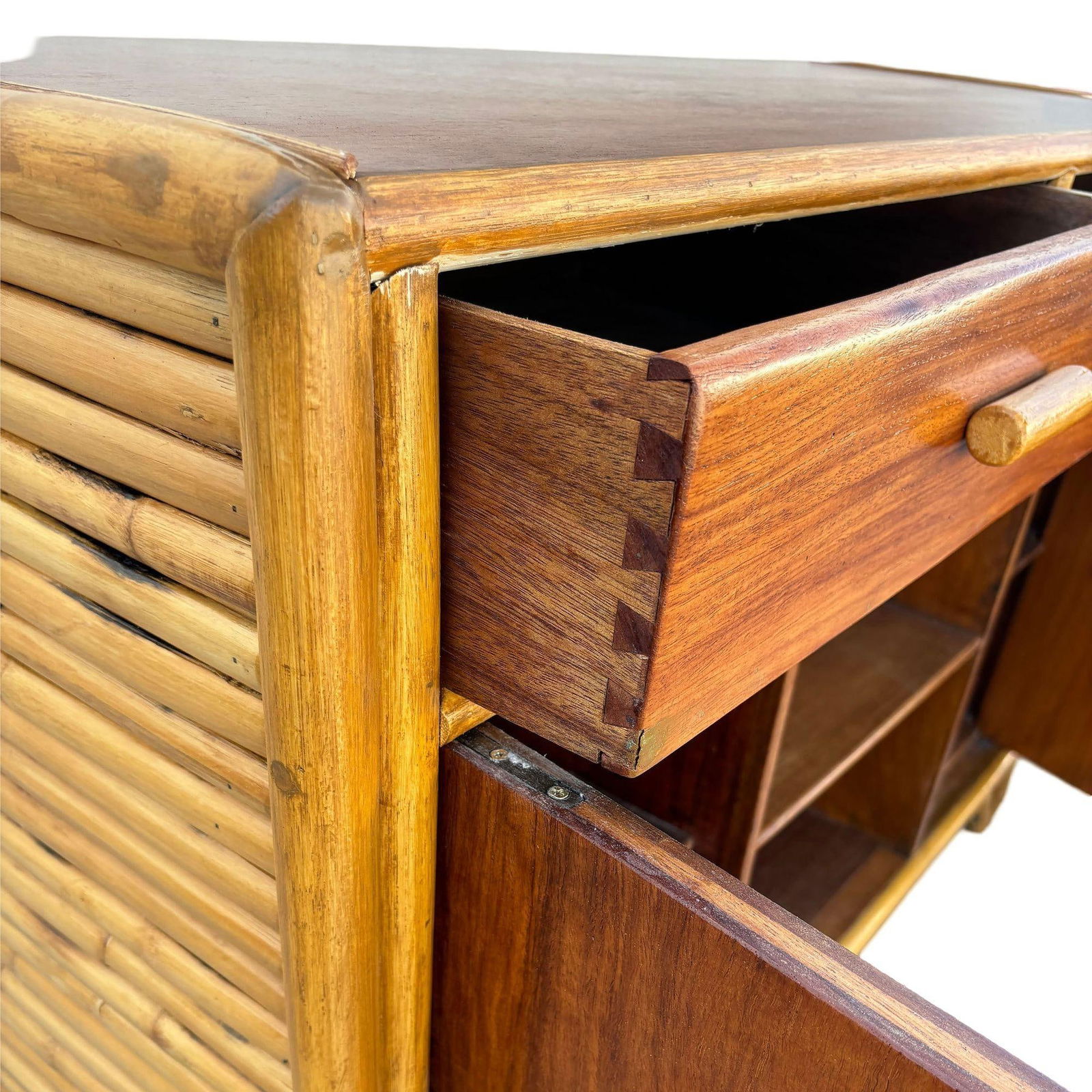 Restored Early Mid-century Stacked Rattan Credenza TV Stand w/ Mahogany Top - 5