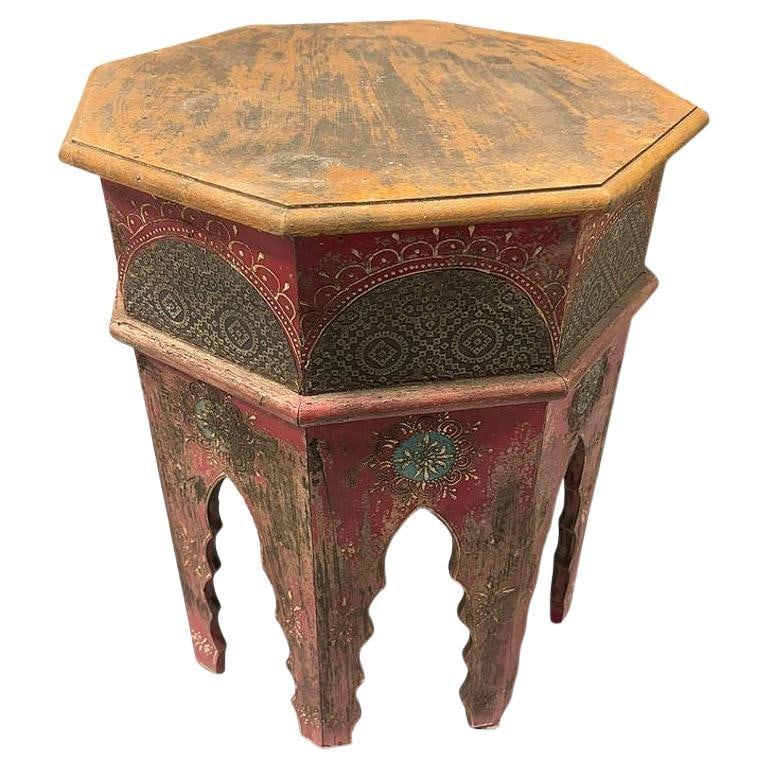 Hand Painted Moroccan Hexagon Wooden Boho Side Table w/ Brass Inlays: Title: Hand Painted Moroccan Hexagon Wooden Boho Side Table w/ Brass Inlays Description: Hand Painted Red Hexagonal Inlaid Table with Moroccan Details. Bold and elegant, this red inlaid table
