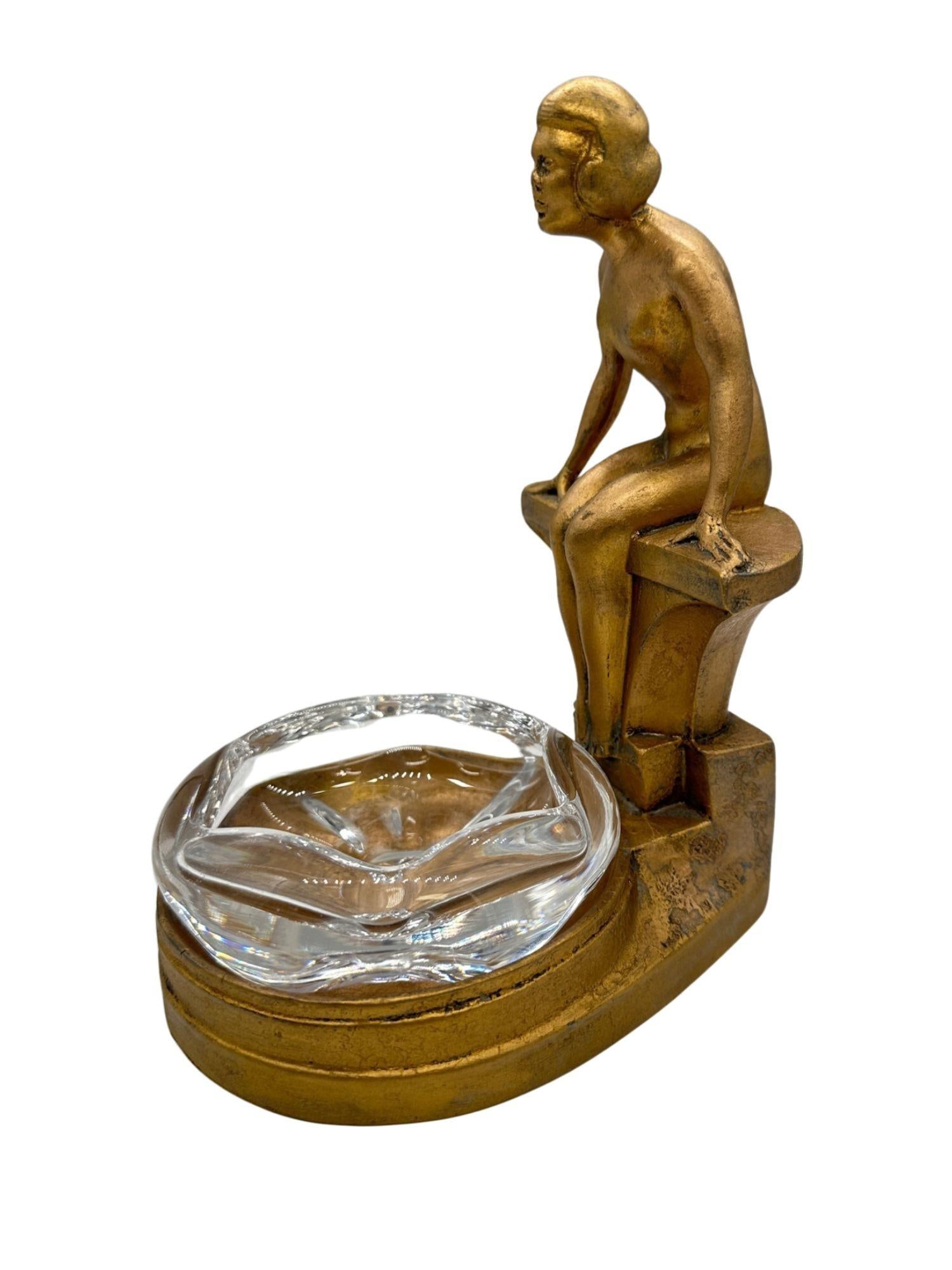 Art Deco Nude Woman Seated at Pool Bronze & Crystal Sculpter Ashtray by Nuart - 18