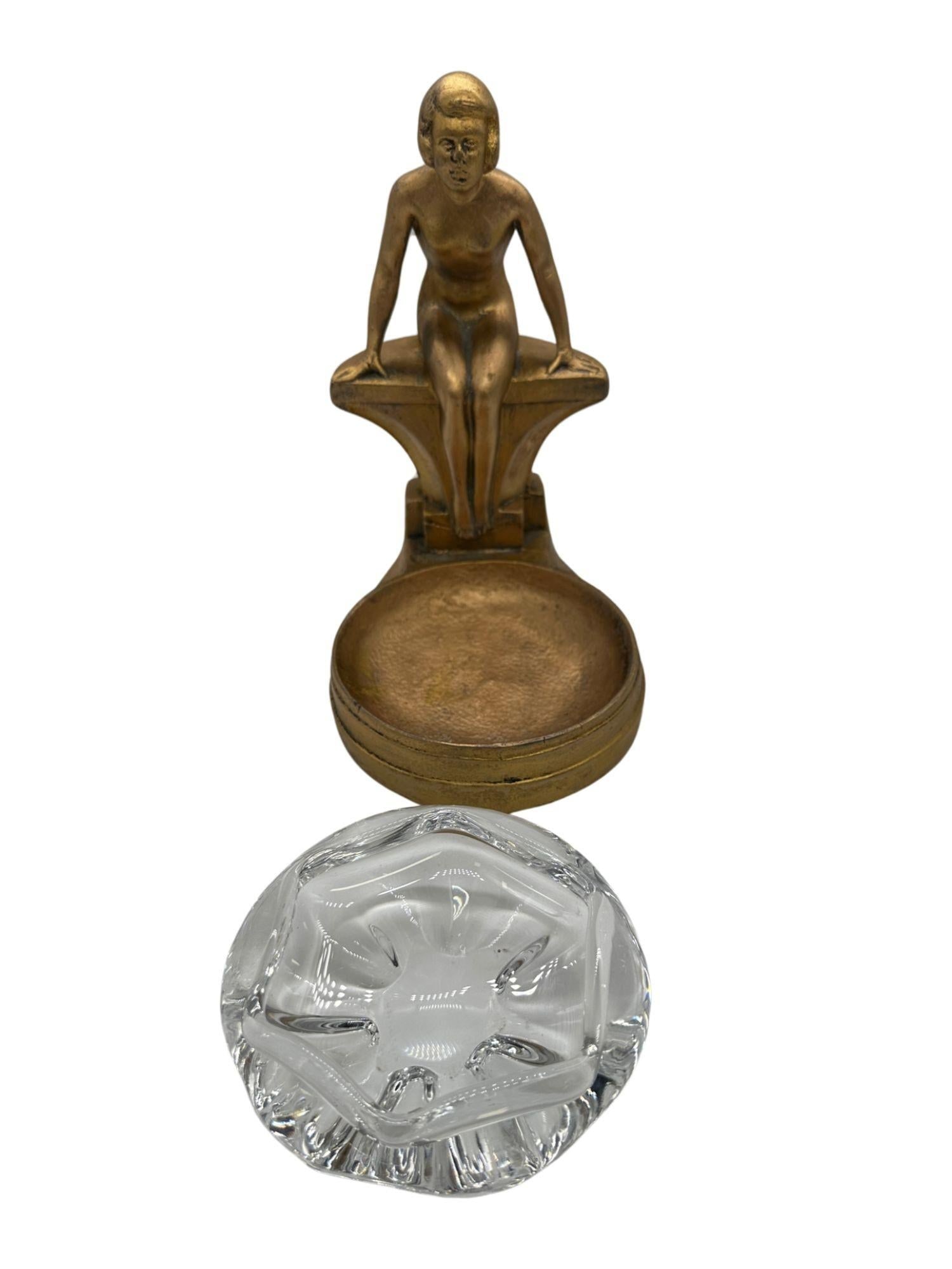 Art Deco Nude Woman Seated at Pool Bronze & Crystal Sculpter Ashtray by Nuart - 2