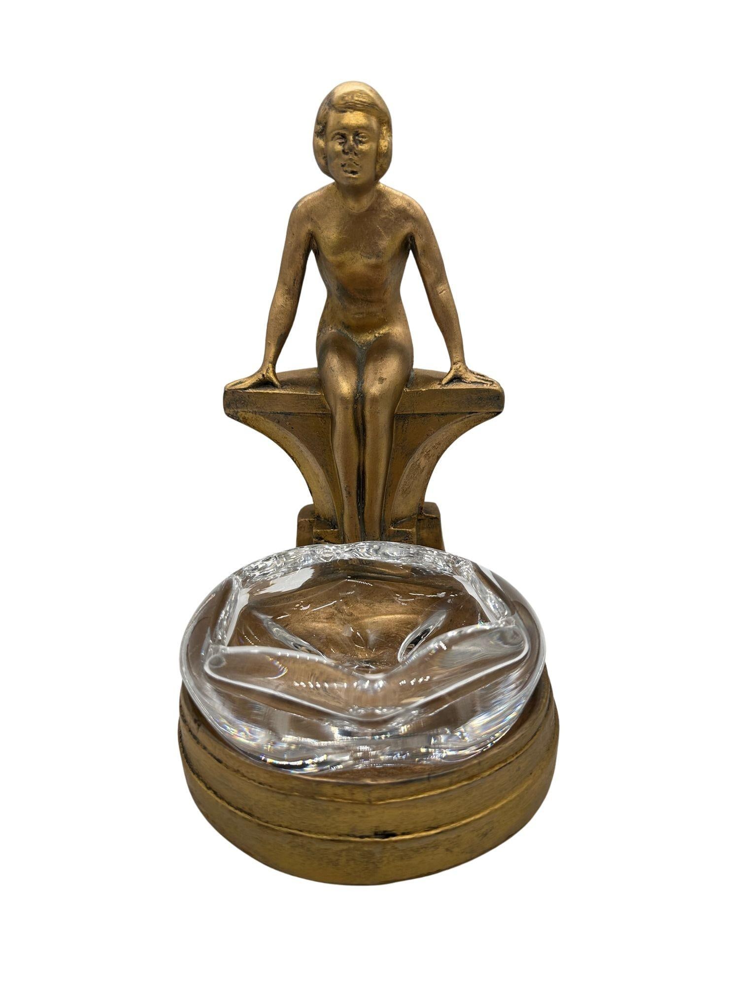 Art Deco Nude Woman Seated at Pool Bronze & Crystal Sculpter Ashtray by Nuart - 9