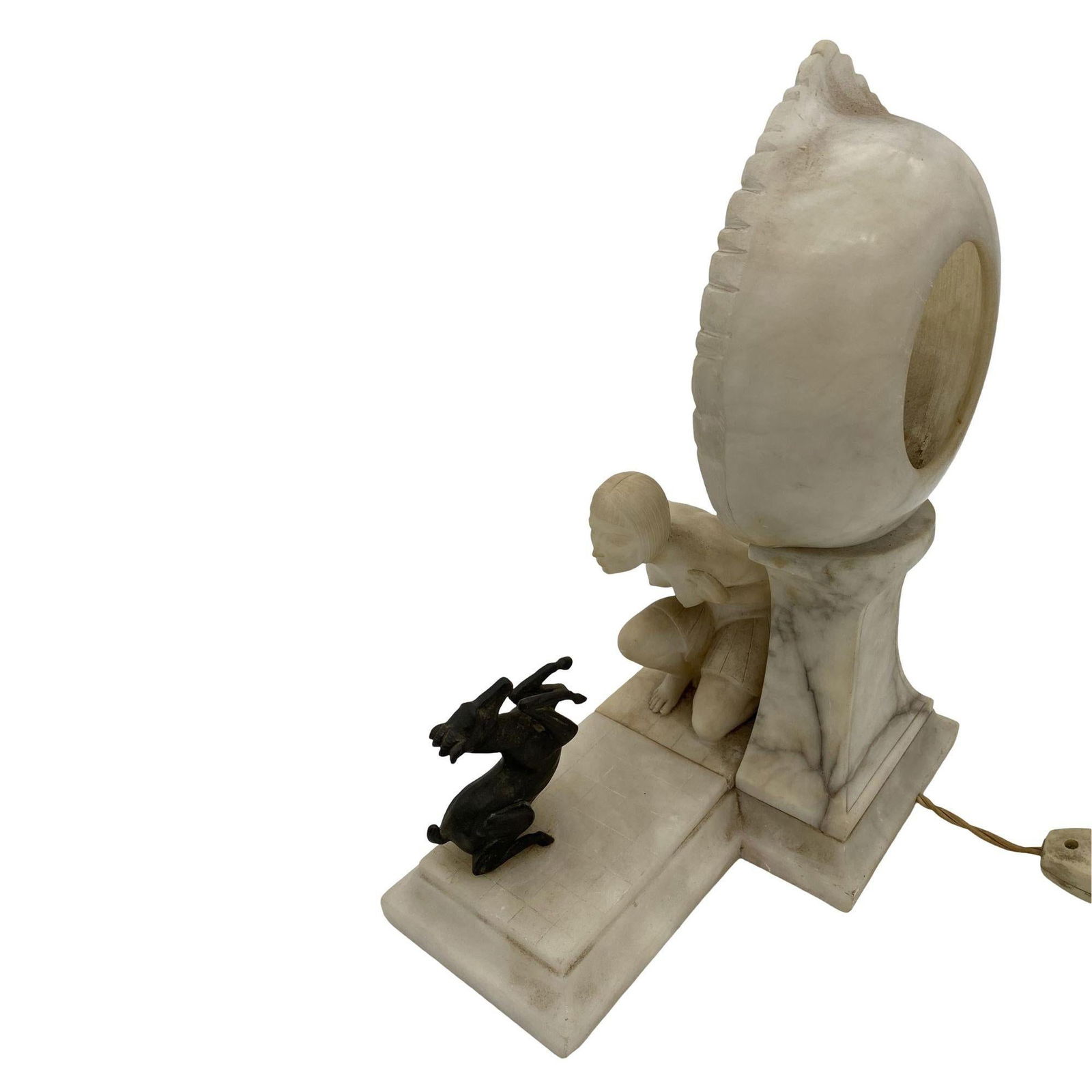 Hand Carved Art Deco Nude Flapper Girl Alabatser Table Lamp w/ Bronze Gazelle - 10