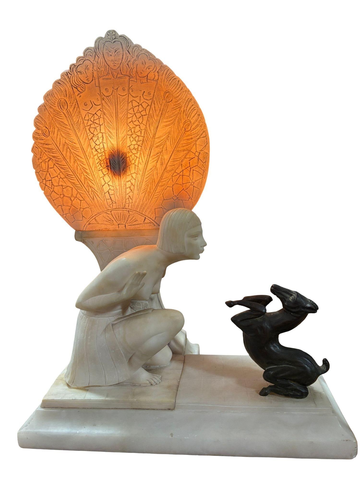 Hand Carved Art Deco Nude Flapper Girl Alabatser Table Lamp w/ Bronze Gazelle - 17