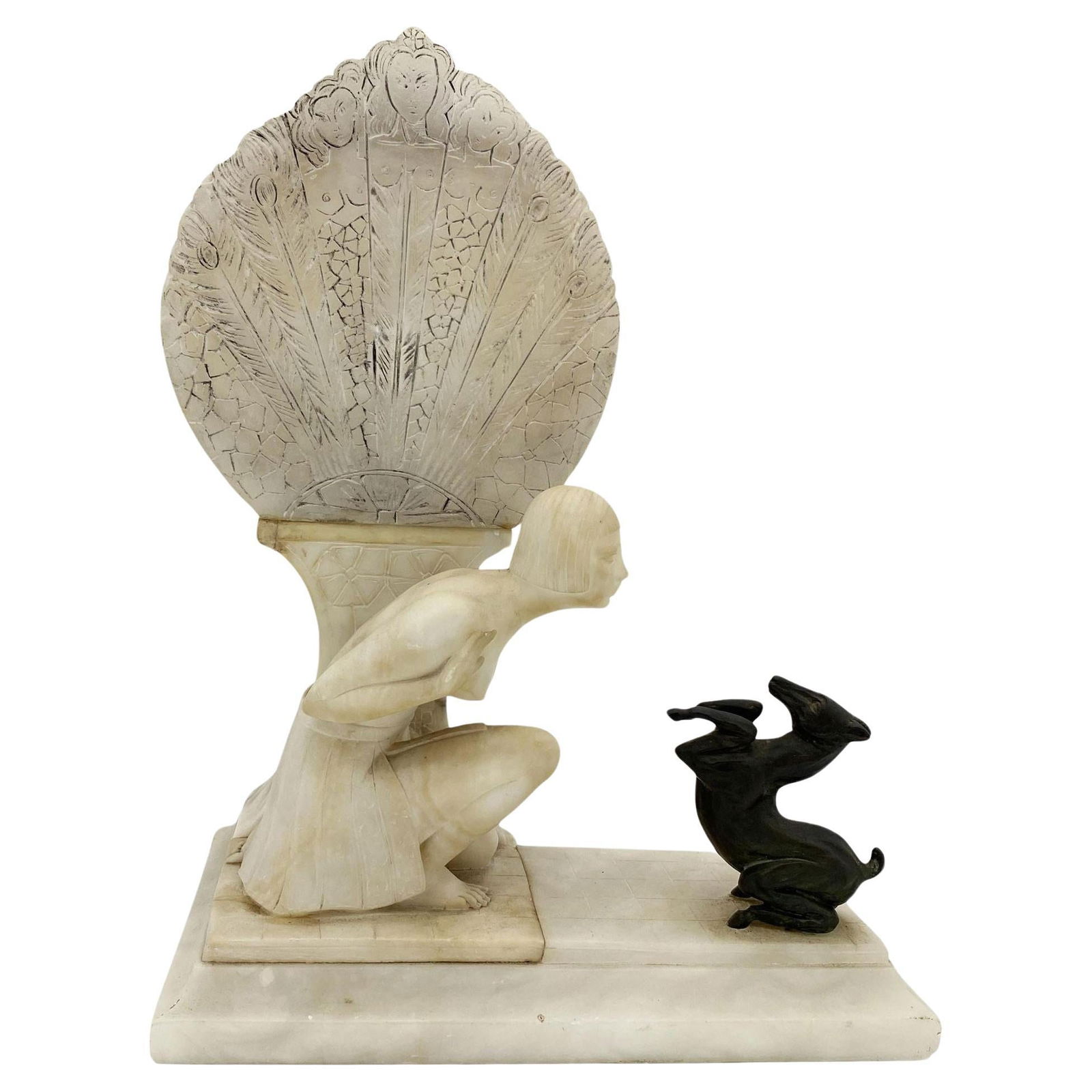 Hand Carved Art Deco Nude Flapper Girl Alabatser Table Lamp w/ Bronze Gazelle: Title: Hand Carved Art Deco Nude Flapper Girl Alabatser Table Lamp w/ Bronze Gazelle Description: Crafted during the Art Deco period, this electrified alabaster lamp epitomizes sophistication. The sof