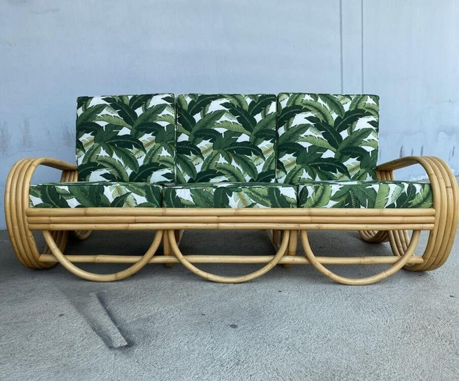 Restored Mid-century 4-Strand Rattan 3/4 Reverse Pretzel Sofa w/ Arched Base - 5