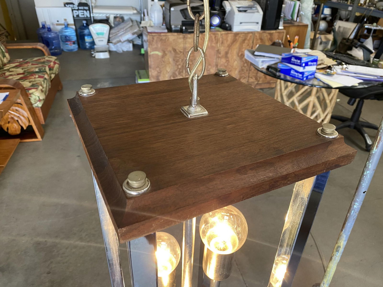 1970s Post Modern Teak and Chrome Pendant Light Fixture, Pair - 4