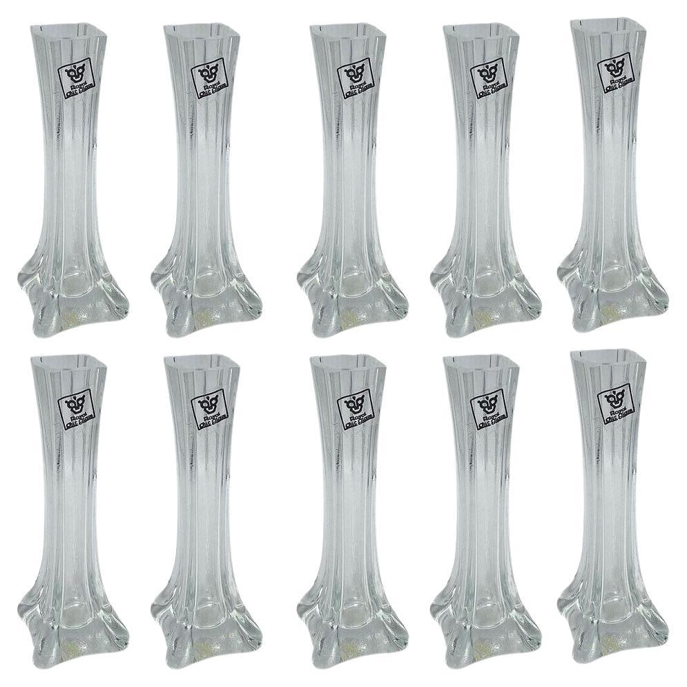 1980s Transparent Art Glass Flower Bud Vase by Royal Art Glass, Set of 10: Title: 1980s Transparent Art Glass Flower Bud Vase by Royal Art Glass, Set of 10 Description: Set of 10 small 6" tall transparent art glass flower bud vases with square bottoms and a Royal Art Glass