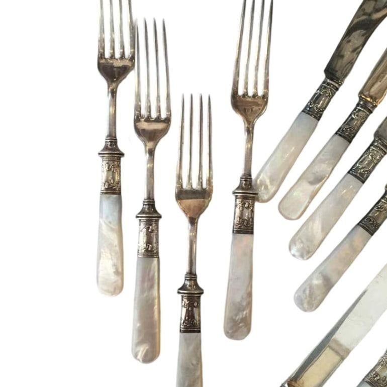 Antique Fish Flatware Set, Sterling Silver with Mother-of-pearl, Set of 18 - 13