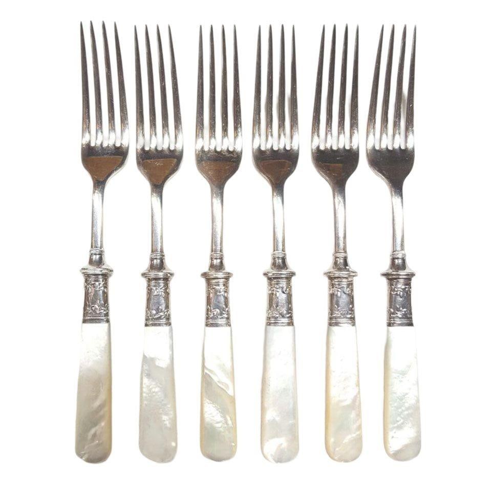 Antique Fish Flatware Set, Sterling Silver with Mother-of-pearl, Set of 18 - 20