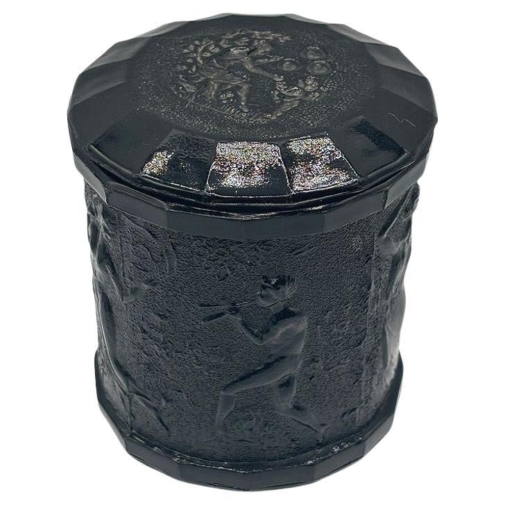 1937 L.E. Smith Dancing Nymphs & Saytr Black Amethyst Glass Canister w/ Lid: Title: 1937 L.E. Smith Dancing Nymphs & Saytr Black Amethyst Glass Canister w/ Lid Description: Original 1937 L.E. Smith Dancing Nymphs black glass vanity jar with the original matching lid. This jar