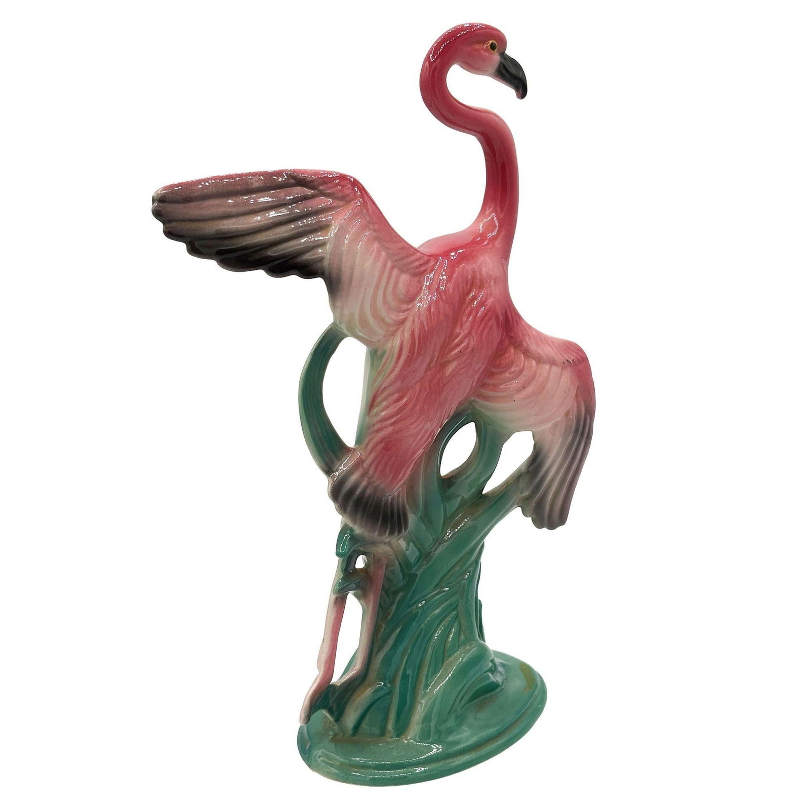 Mid-century 11" Tall Open Wing Pink Flamingo Ceramic Tabletop Statue, Pair - 12