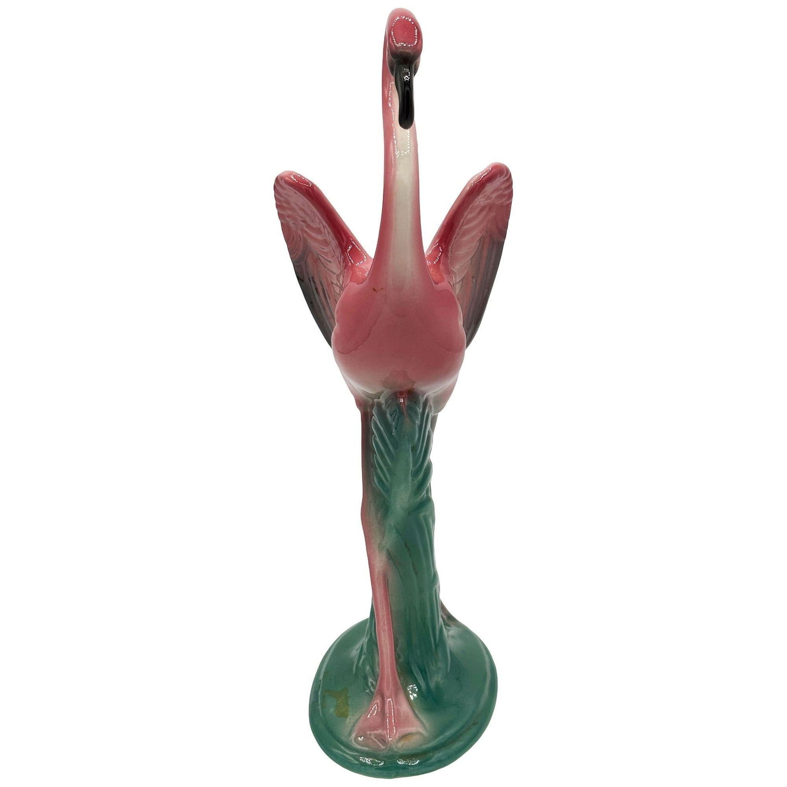 Mid-century 11" Tall Open Wing Pink Flamingo Ceramic Tabletop Statue, Pair - 17