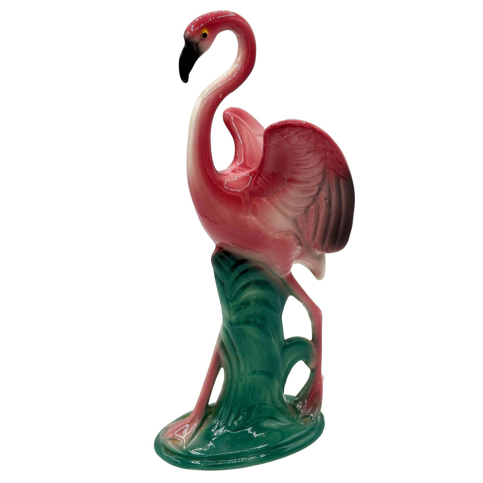 Mid-century 11" Tall Open Wing Pink Flamingo Ceramic Tabletop Statue, Pair - 18