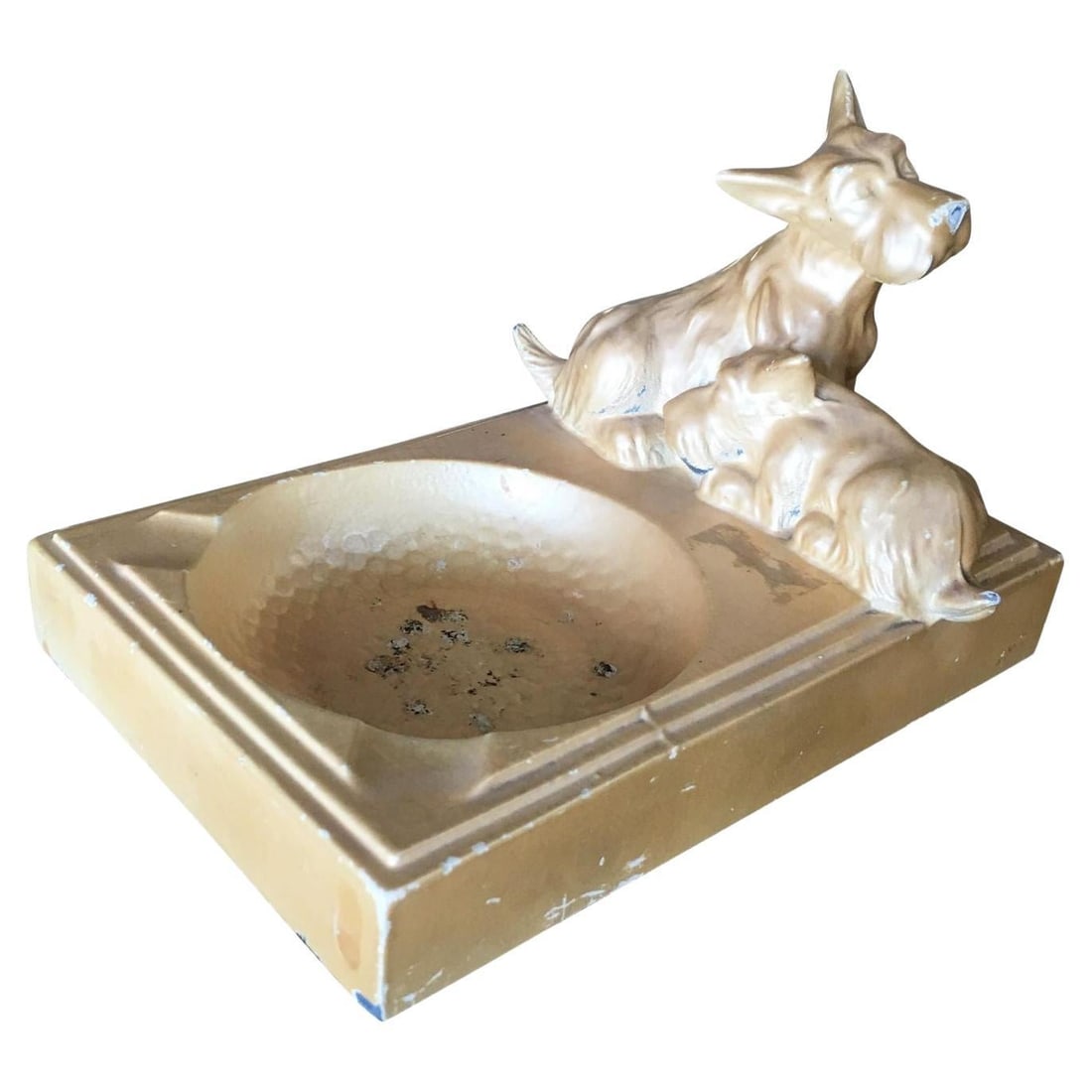 Art Deco Enameled Spelter Metal Terrier Ashtray: Title: Art Deco Enameled Spelter Metal Terrier Ashtray Description: Art Deco enameled beige spelter metal terrier dog ashtray featuring cigarette holder and 2 sculptural dogs along the top. This