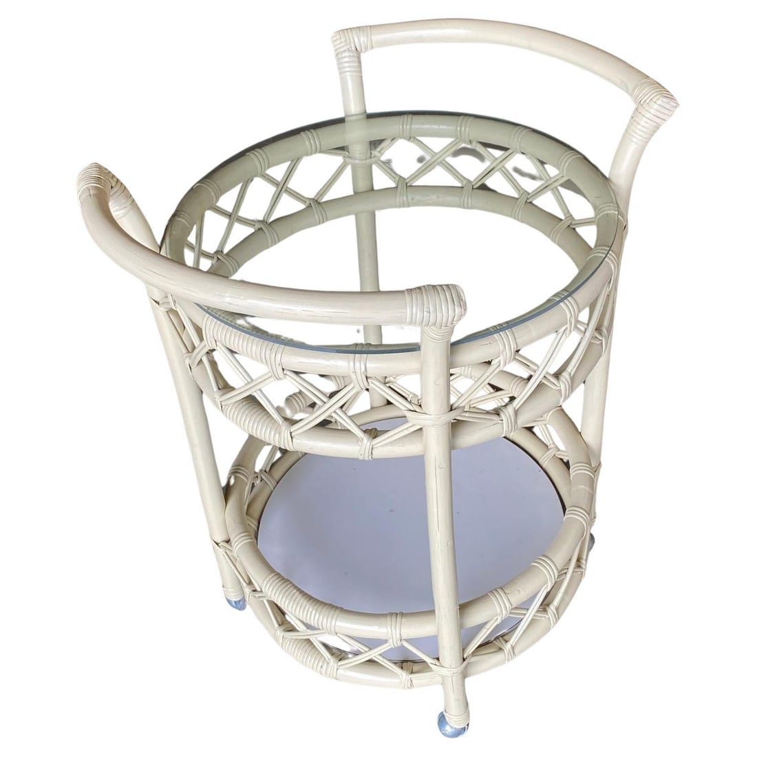 Restored Modern White Round Rattan and Mahogany Bar Cart - 15