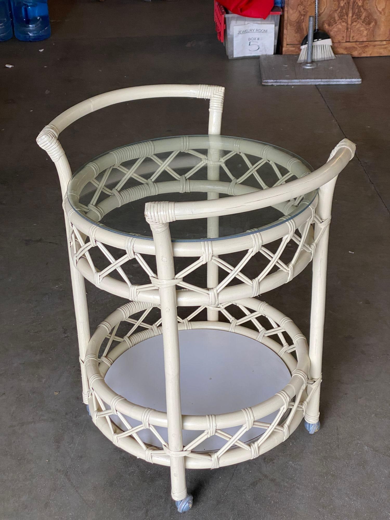 Restored Modern White Round Rattan and Mahogany Bar Cart - 8