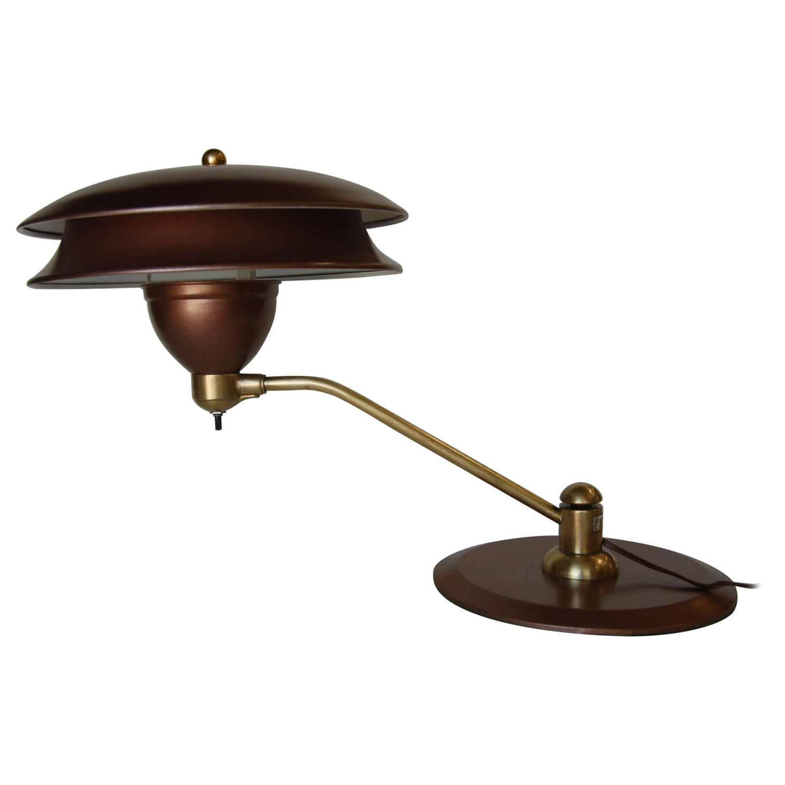 Art Deco Desk Lamp with Large Double Saucer Shade by Art Specialty Co.: Title: Art Deco Desk Lamp with Large Double Saucer Shade by Art Specialty Co. Description: Art Deco swivel desk lamp with large 13" double saucer shade by Art Specialty Co. Measures 25" wide x 13"