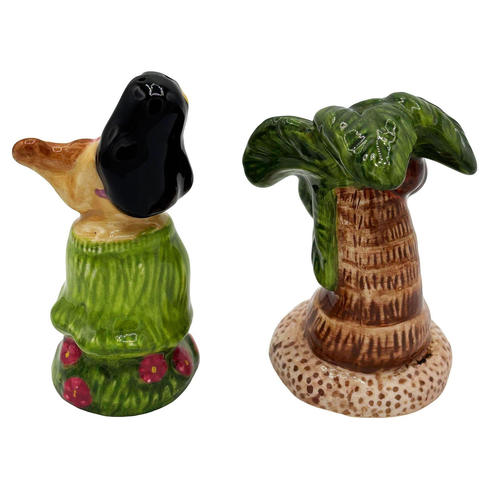 1980's Hula Girl & Palm Tree Ceramic Tabletop Matching Salt & Pepper Shaker Set - 14