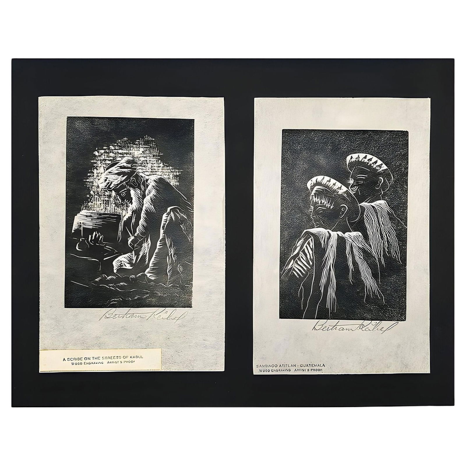 Pair of Wood Block Engraving Prints by Bertram Reibel signed in Frame: Title: Pair of Wood Block Engraving Prints by Bertram Reibel signed in Frame Description: Pair of wood engraving block portraits featuring " Santiago Atitlan" & " A Scribe on the Streets of Kabul"