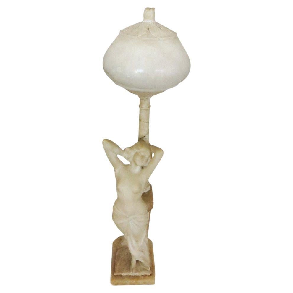 Edwardian Era Italian Carved Alabaster Nude Greco-Roman Female Figural Lamp: Title: Edwardian Era Italian Carved Alabaster Nude Greco-Roman Female Figural Lamp Description: Finely carved early 20th-century Italian alabaster lamp featuring a classical Greco-Roman partially