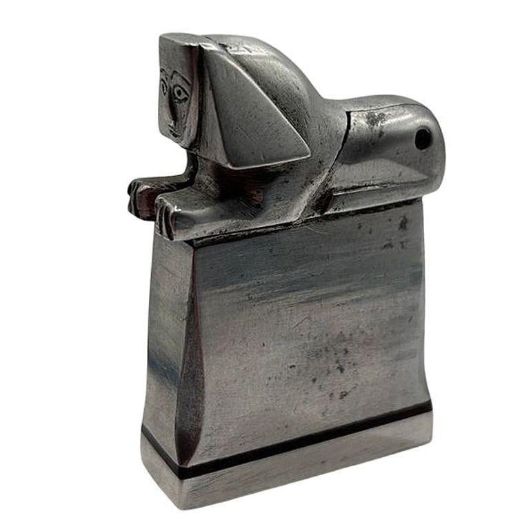 Hand Made Bespoke Silver Art Deco Sphinx Lift Arm Lighter w/ Geometric Inlay - 18