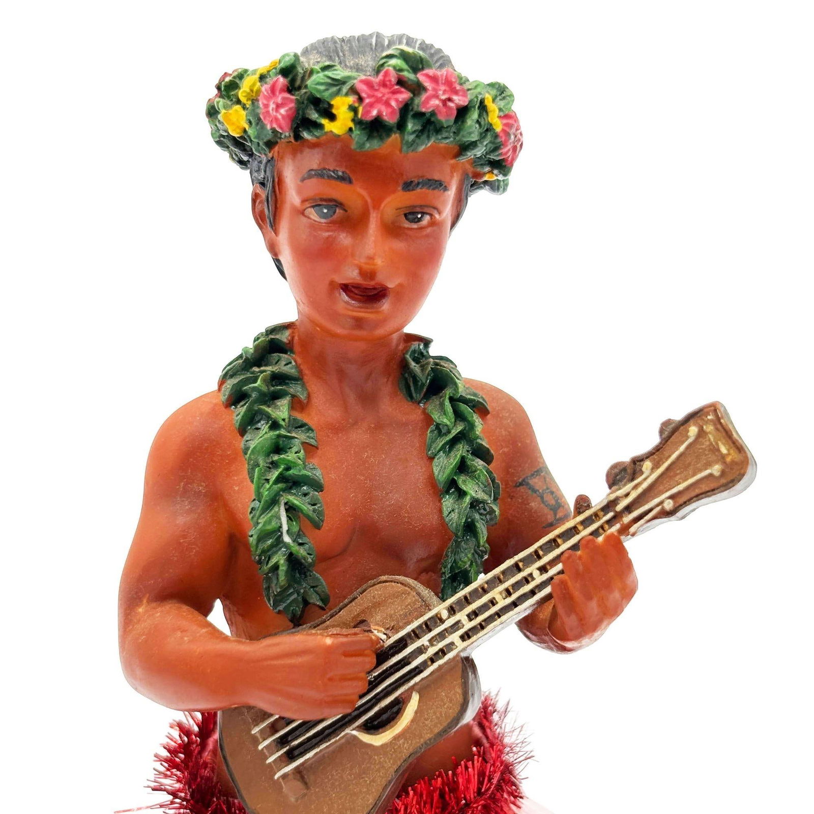 Ceramic Hawaii Hula Man Ukulele Player with headdress Bobble Doll - 18