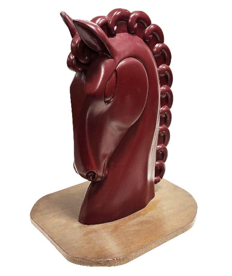 Viktor Schreckengost Styled Fiberglass Horse Bust on Hardwood Base: Title: Viktor Schreckengost Styled Fiberglass Horse Bust on Hardwood Base Description: Viktor Schreckengost-styled fiberglass maroon horse bust on a hardwood base. Dimensions: -Sculpture- Height: 26"