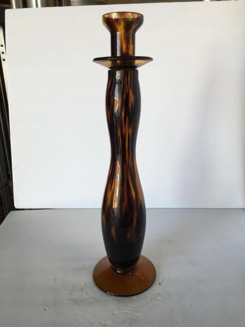 Large Hand Blown Amber Murano Glass Candlestick Holder - 16
