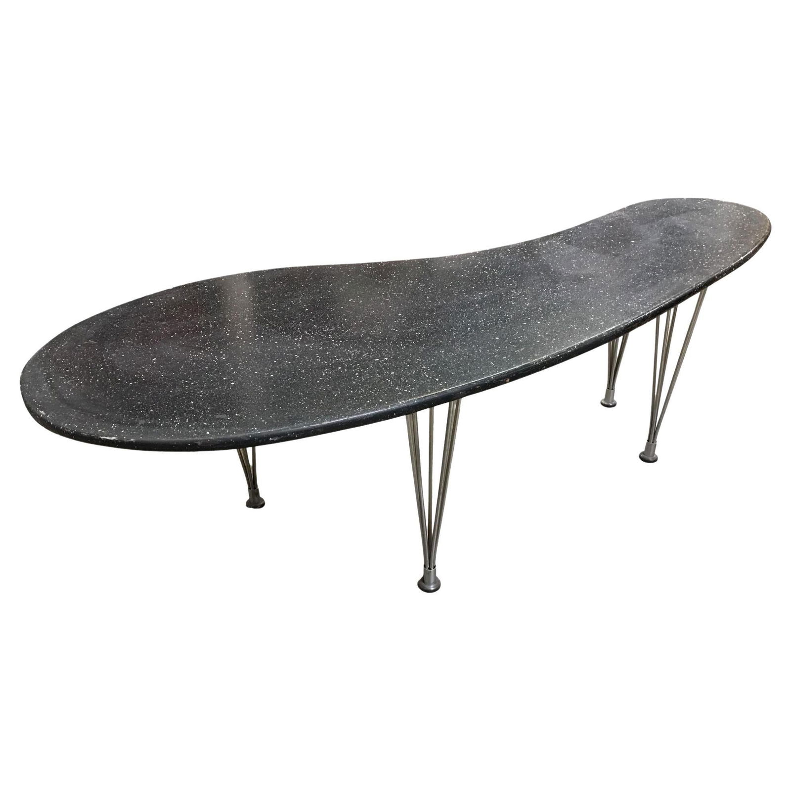 Large 67" Bespoke Mid-Century Biomorphic Coffee Table W/ Wire Spoke Legs: Title: Large 67" Bespoke Mid-Century Biomorphic Coffee Table W/ Wire Spoke Legs Description: Large 67" wide custom-made Mid-Century era biomorphic coffee table with a speckled paint tabletop finished