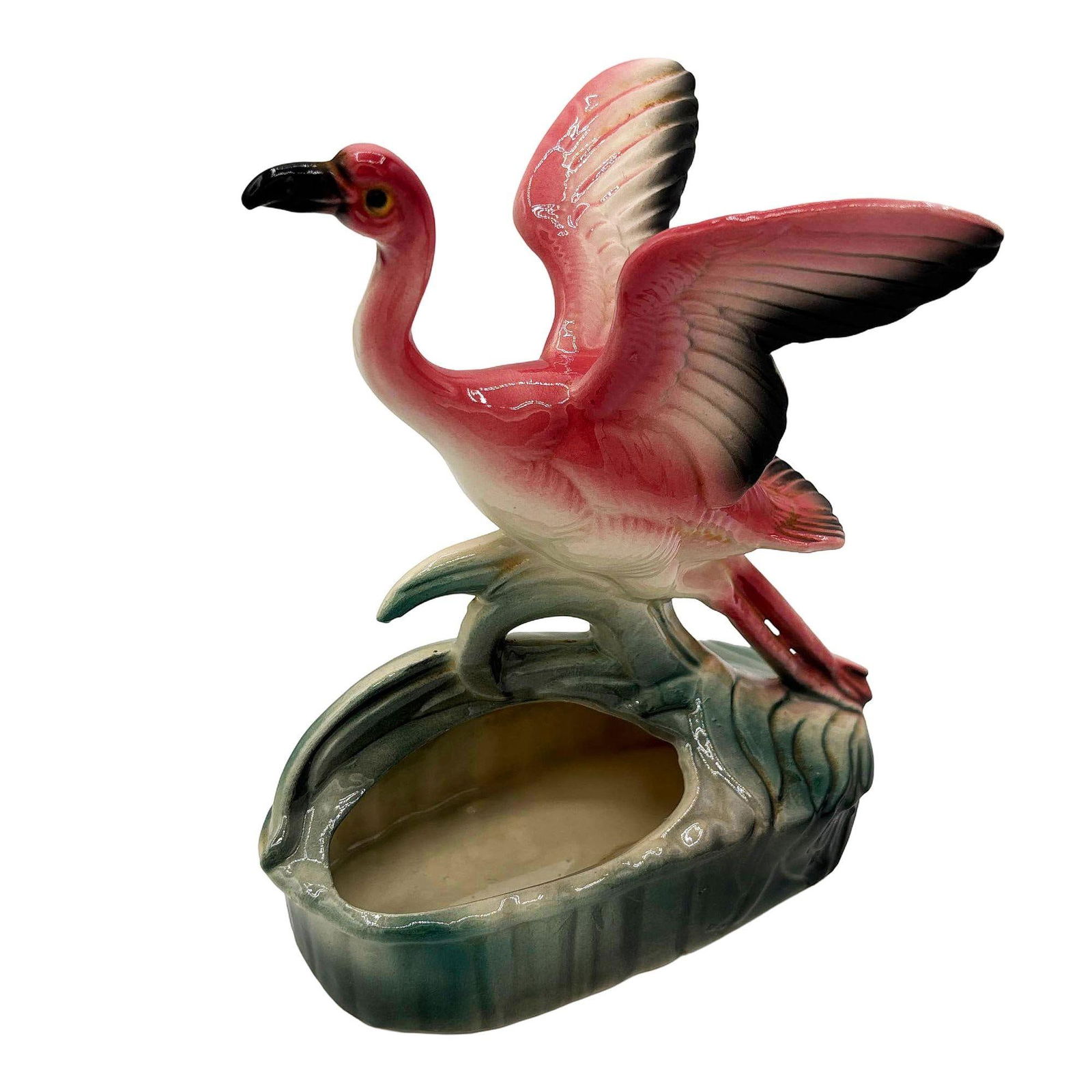 Mid-century California Pottery Ceramic Pink Open Wing Flamingo Table Planter - 9