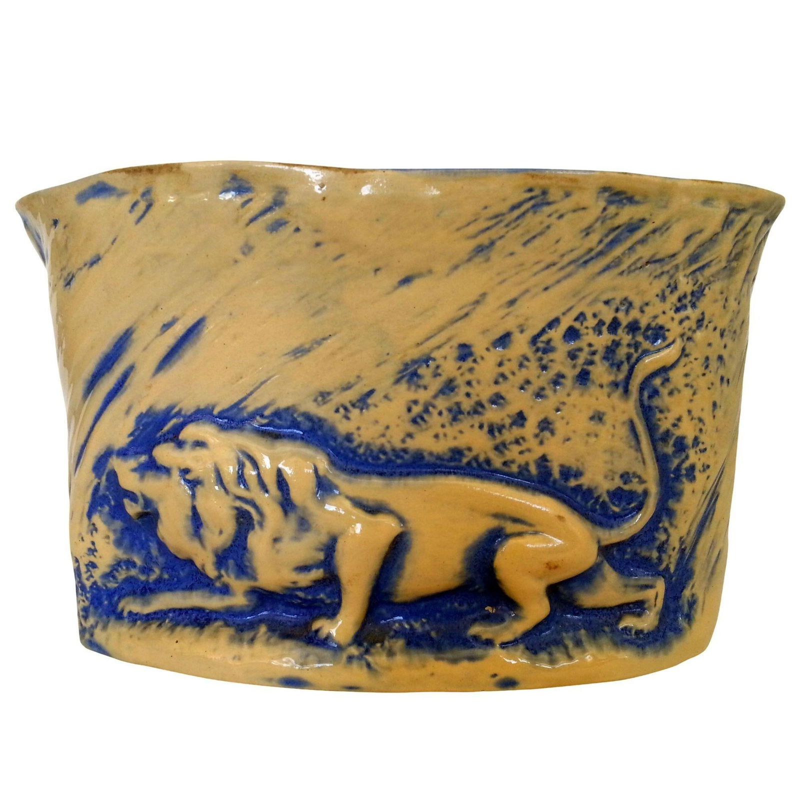 Mid-Century California Pottery Brown & Blue Stalking Lion Vase - 4