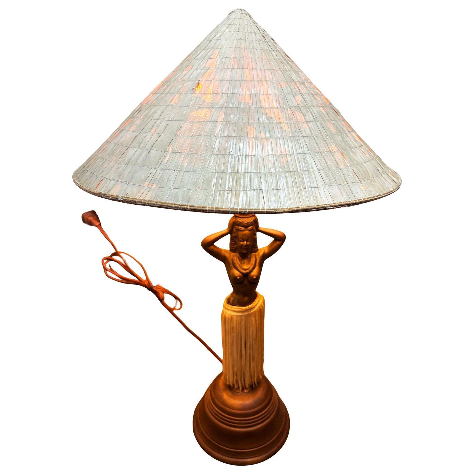 Mid-Century Hawaiian Hula Girl Copper Table Lamp w/ Wicker Shade - 19