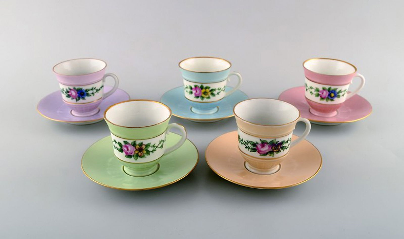 Five early Bing and Grondahl coffee cups with saucers. Hand-painted flower decoration and overglaze. (1 of 8)