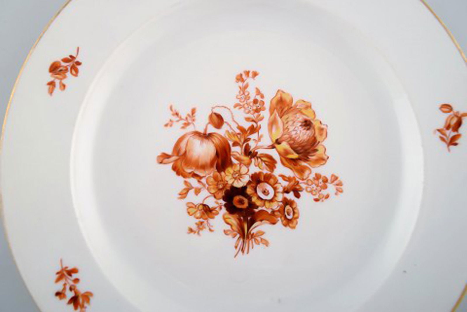 Three antique Meissen porcelain plates with orange hand-painted flowers. Two deep plates and one - 3
