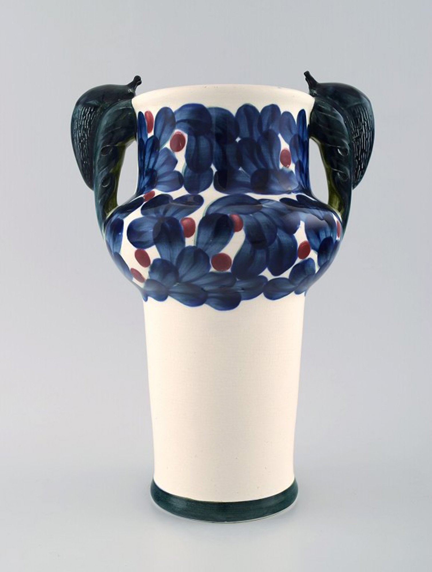 Aluminia, Copenhagen, rare snail vase, hand painted with snails and floral motifs.: Title: Aluminia, Copenhagen, rare snail vase, hand painted with snails and floral motifs. Description: Aluminia, Copenhagen, rare snail vase, hand painted with snails and floral motifs. Measures 24