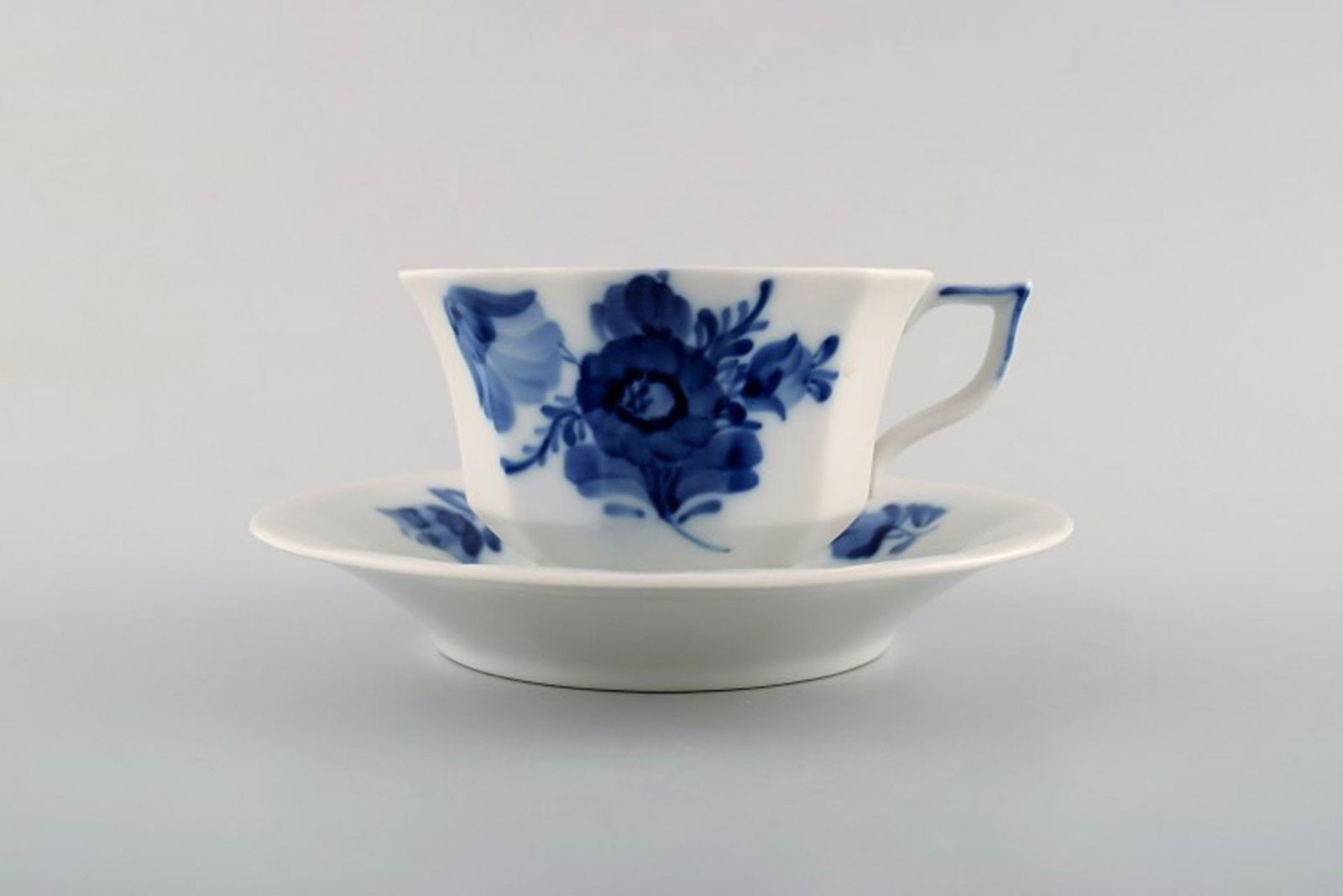 Royal Copenhagen blue flower angular coffee cup and saucer no. 8608.: Title: Royal Copenhagen blue flower angular coffee cup and saucer no. 8608. Description: Royal Copenhagen blue flower angular coffee cup and saucer no. 8608. 3 sets in stock. 2nd factory quality. In p