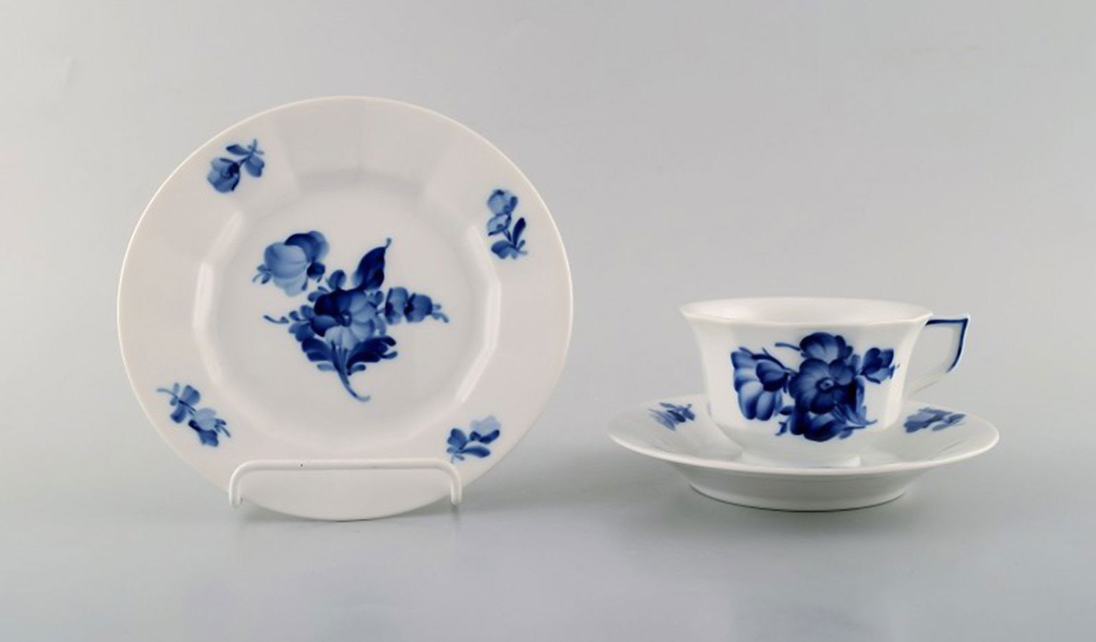 Royal Copenhagen blue flower angular set of one coffee cup with saucers and plate.: Title: Royal Copenhagen blue flower angular set of one coffee cup with saucers and plate. Description: Royal Copenhagen blue flower angular set of one coffee cup with saucers and plate. 1st factory qu