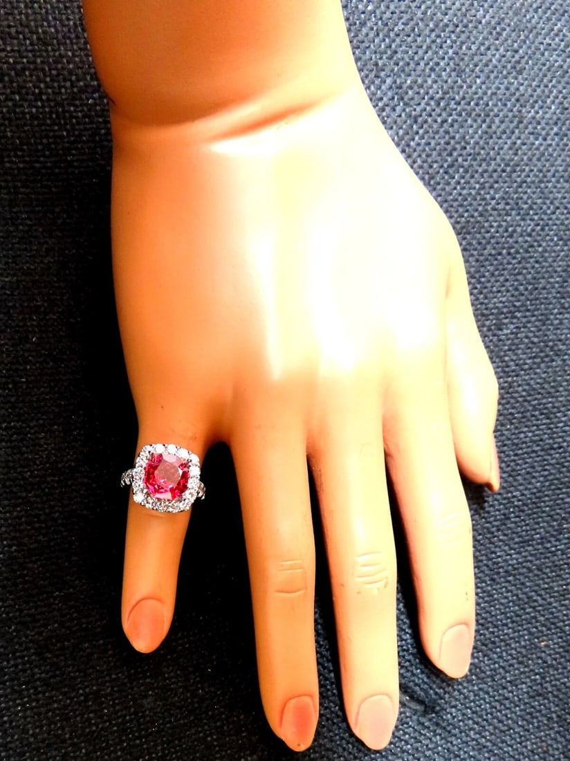 GIA Certified Natural No Heat Spinel 3.86ct Diamonds Cluster Ring 14Kt - 5