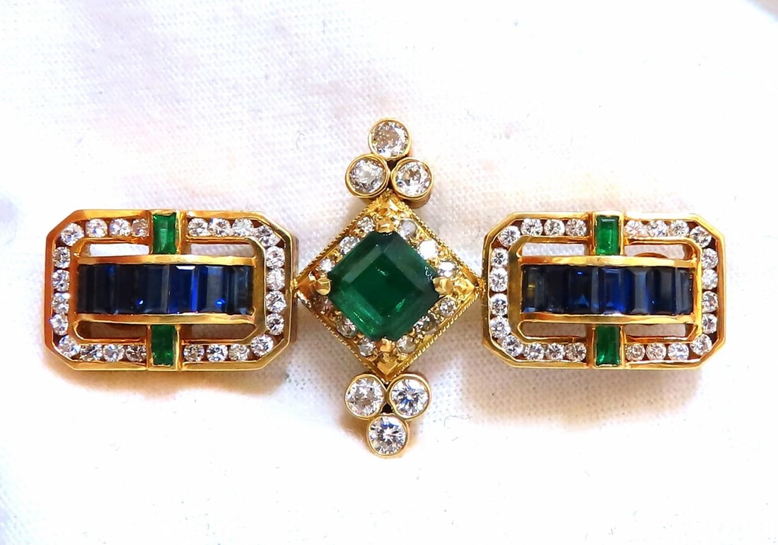 Vintage Rare Handmade Emerald Sapphire Diamond Pin 18kt**: Title: Vintage Rare Handmade Emerald Sapphire Diamond Pin 18kt** Description: Rare Handmade Emerald sapphire ring Very Well Made 1.50ct Natural Center Emerald 7 x 7.2mm 1.55ct natural baguette sapphir