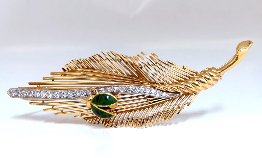 Ladybug on Feather VIntage Gold Pin 14kt Large**: Title: Ladybug on Feather VIntage Gold Pin 14kt Large** Description: Ladybug & Feather Pin Vintage Very Well Made .80ct natural diamonds H-color Vs2 Clarity 3 x 1.8 inch Handmade 14kt. yellow gold