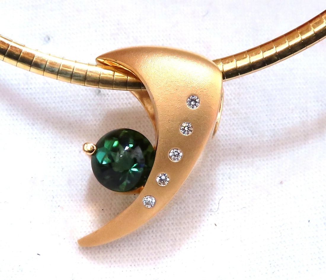 3ct Natural Green Round Tourmaline Mod Deco Necklace Omega 14kt**: Title: 3ct Natural Green Round Tourmaline Mod Deco Necklace Omega 14kt** Description: Green Mod Tourmaline Omega & Slide 3ct. Natural Tourmaline Necklace. Round cut Brilliant 7.7mm diameter Clean